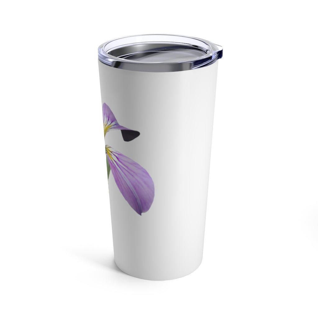 Purple Flower Tumbler 20oz made of stainless steel with a floral design and a see-thru plastic lid.