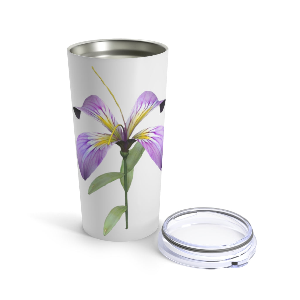 Purple Flower Tumbler 20oz made of stainless steel with a floral design and a see-thru plastic lid.