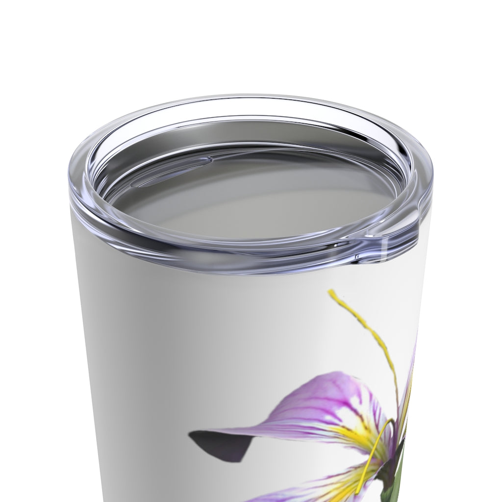 Purple Flower Tumbler 20oz made of stainless steel with a floral design and a see-thru plastic lid.