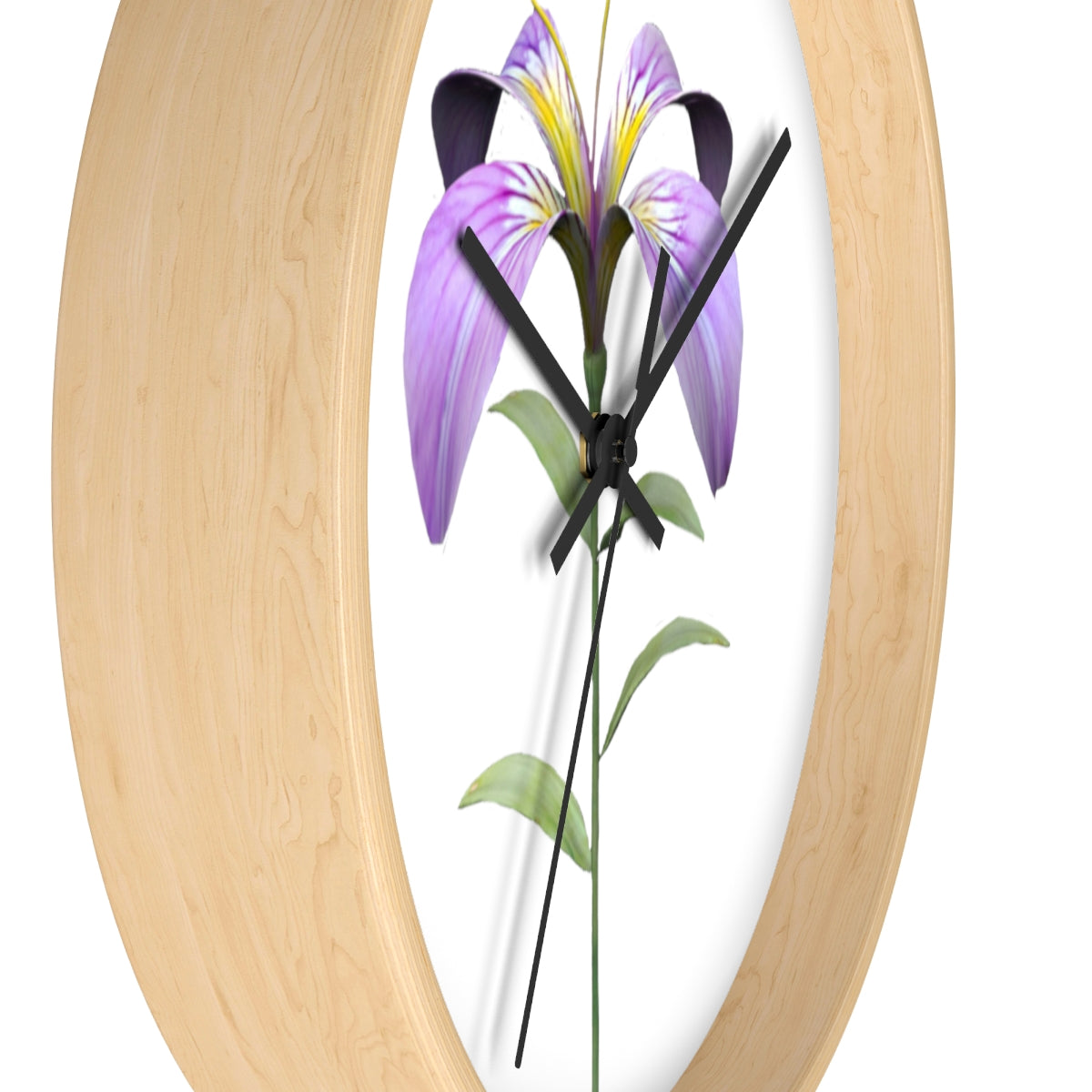 A vibrant purple flower wall clock with a wooden frame and plexiglass face, showcasing intricate floral design.