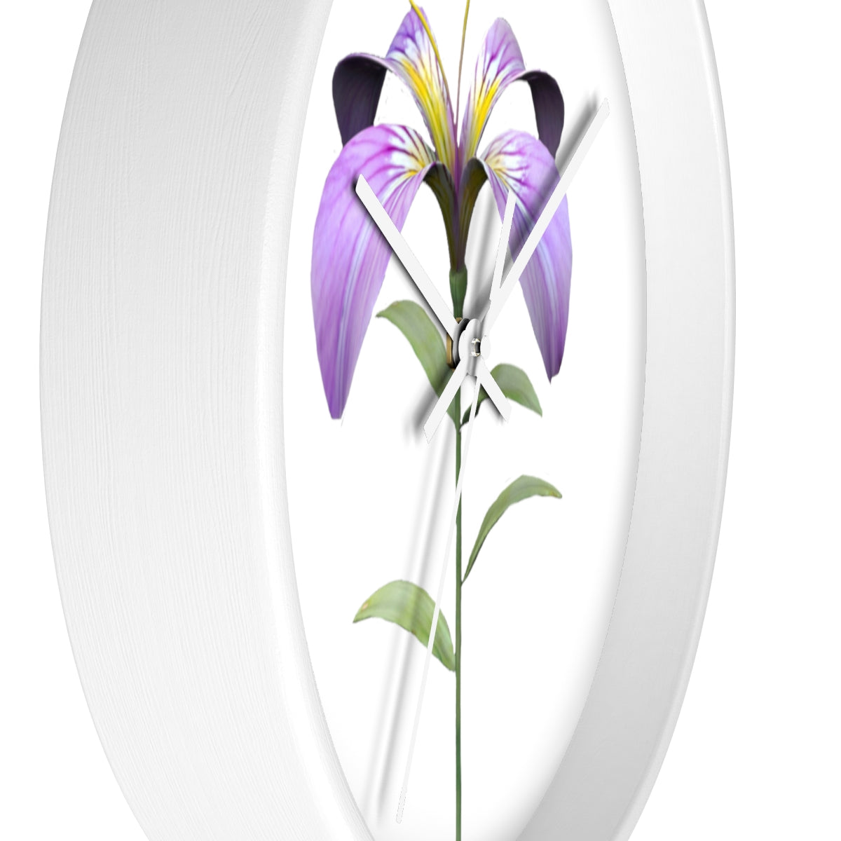 A vibrant purple flower wall clock with a wooden frame and plexiglass face, showcasing intricate floral design.