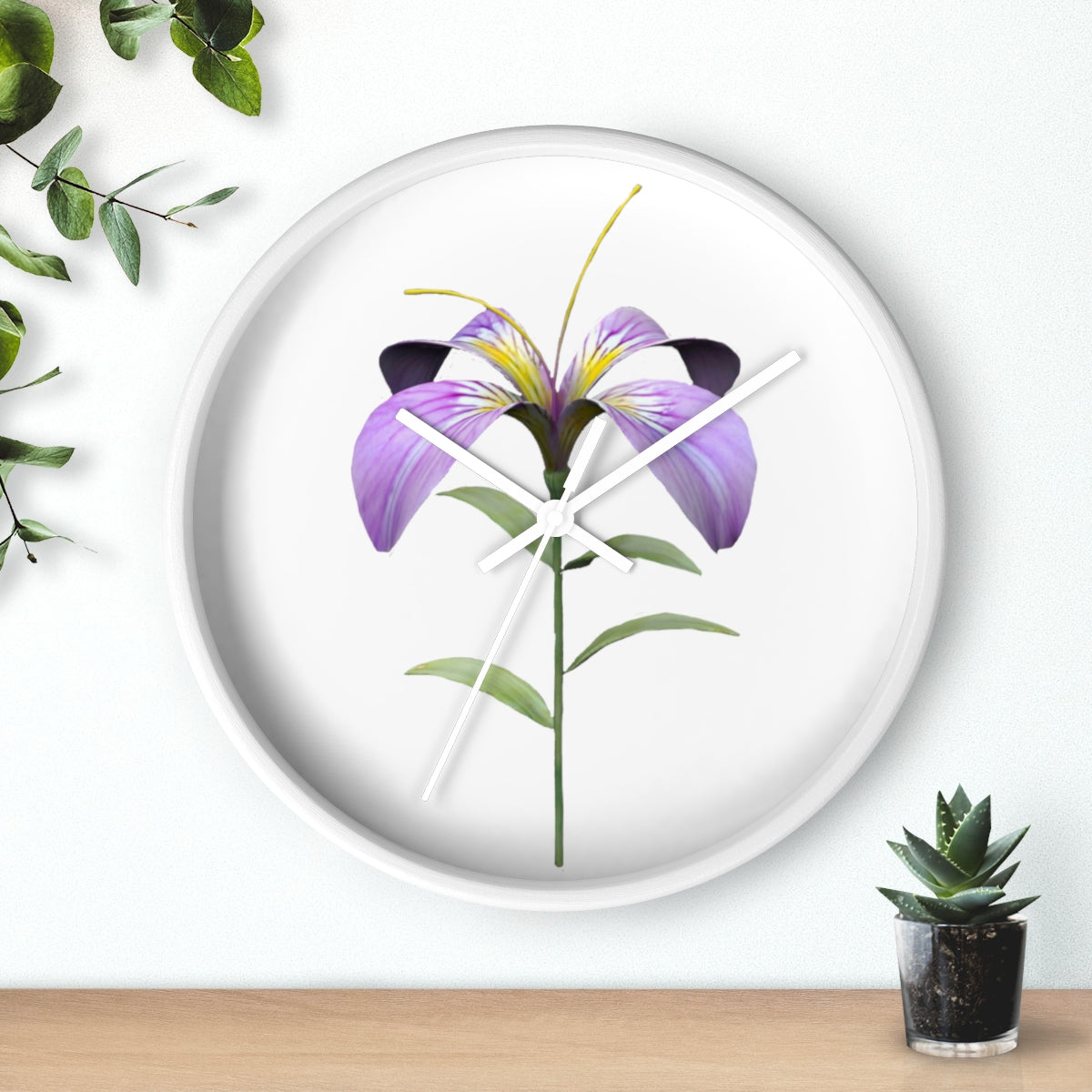 A vibrant purple flower wall clock with a wooden frame and plexiglass face, showcasing intricate floral design.