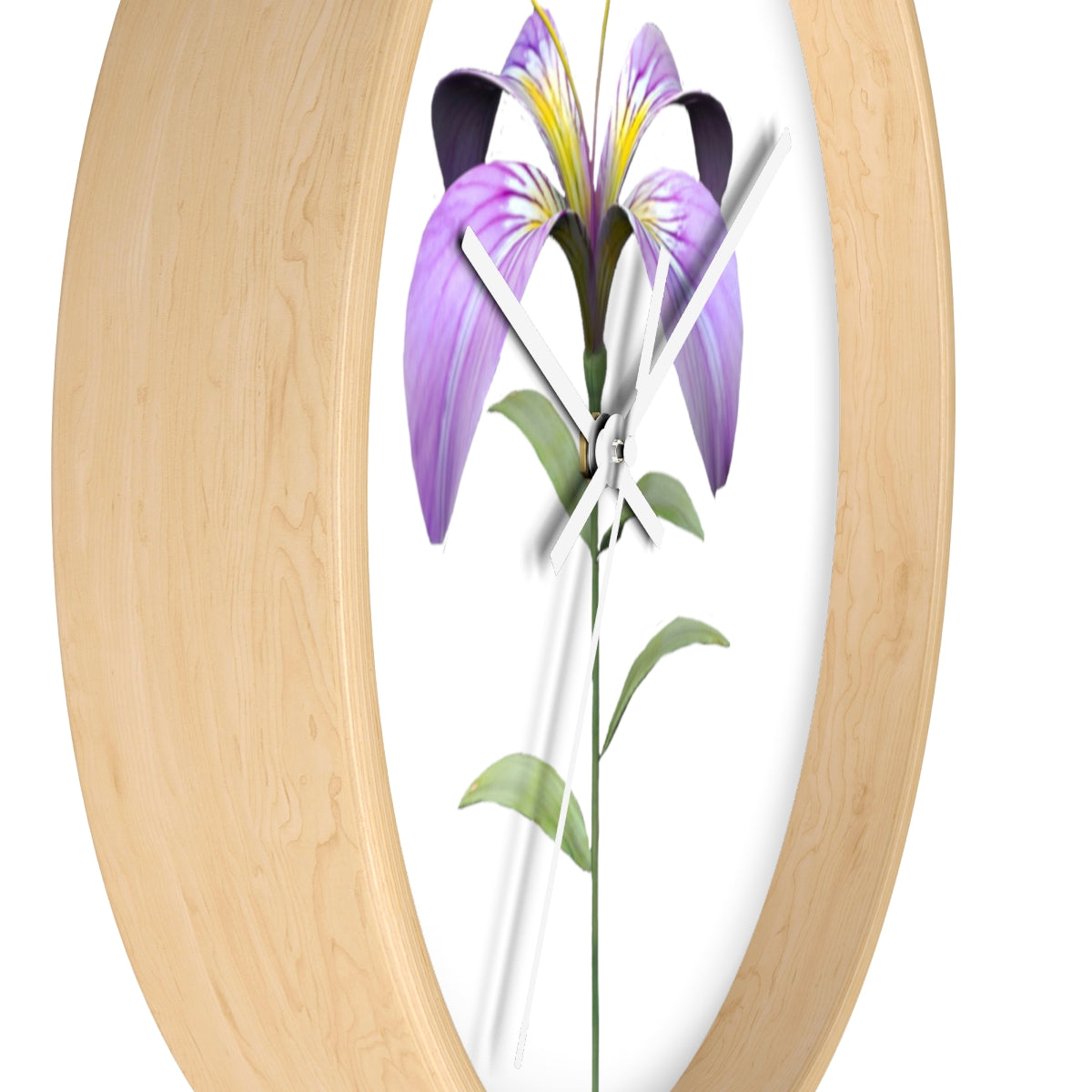 A vibrant purple flower wall clock with a wooden frame and plexiglass face, showcasing intricate floral design.