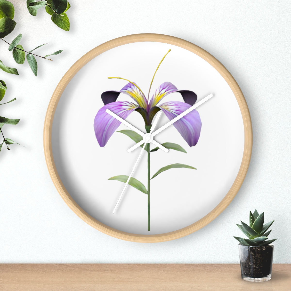 A vibrant purple flower wall clock with a wooden frame and plexiglass face, showcasing intricate floral design.