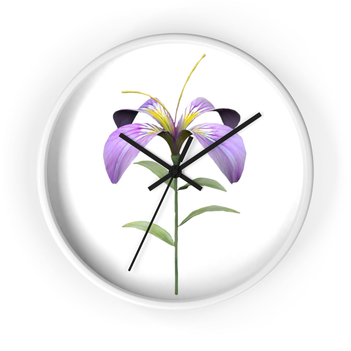 A vibrant purple flower wall clock with a wooden frame and plexiglass face, showcasing intricate floral design.