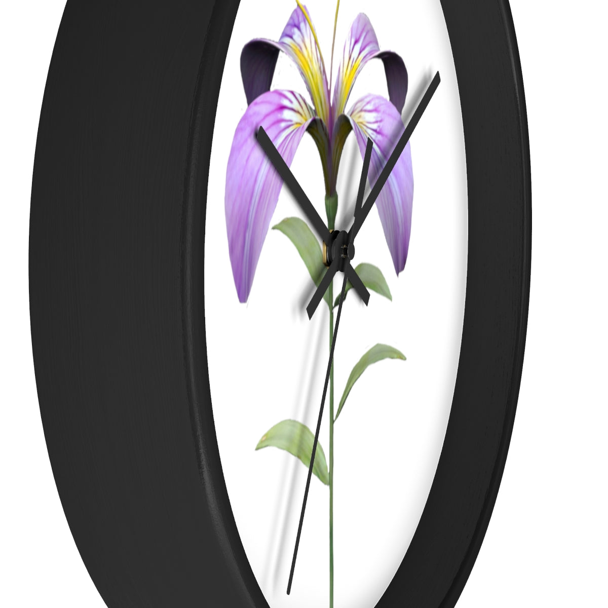 A vibrant purple flower wall clock with a wooden frame and plexiglass face, showcasing intricate floral design.