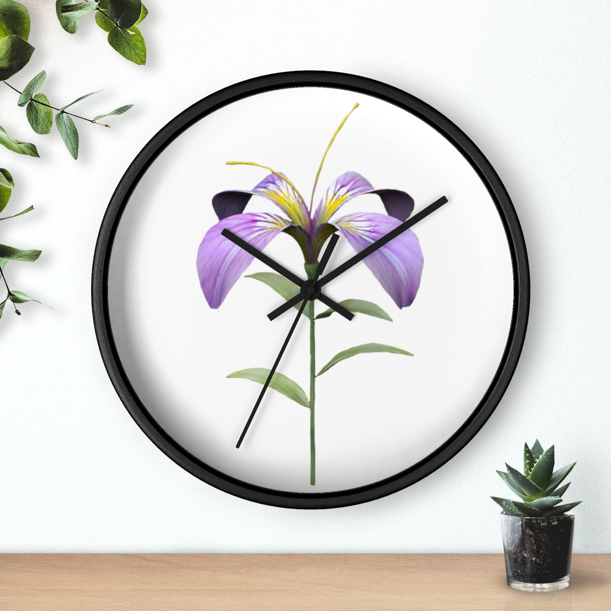 A vibrant purple flower wall clock with a wooden frame and plexiglass face, showcasing intricate floral design.