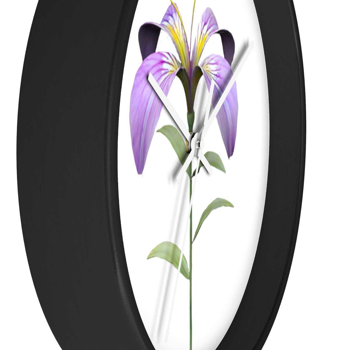 A vibrant purple flower wall clock with a wooden frame and plexiglass face, showcasing intricate floral design.