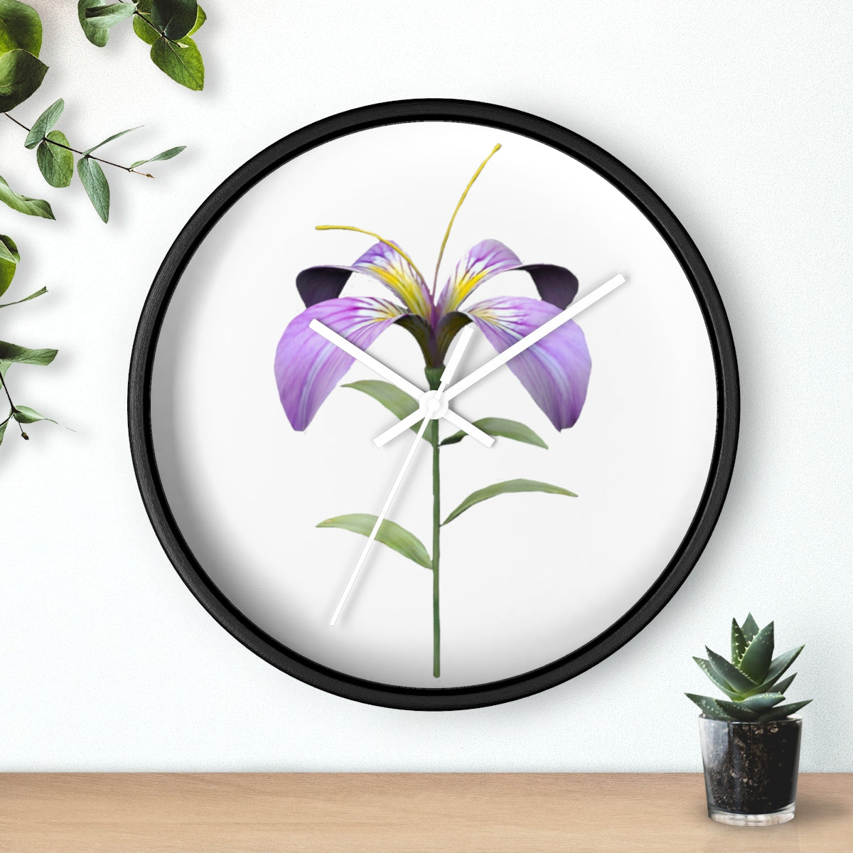 A vibrant purple flower wall clock with a wooden frame and plexiglass face, showcasing intricate floral design.