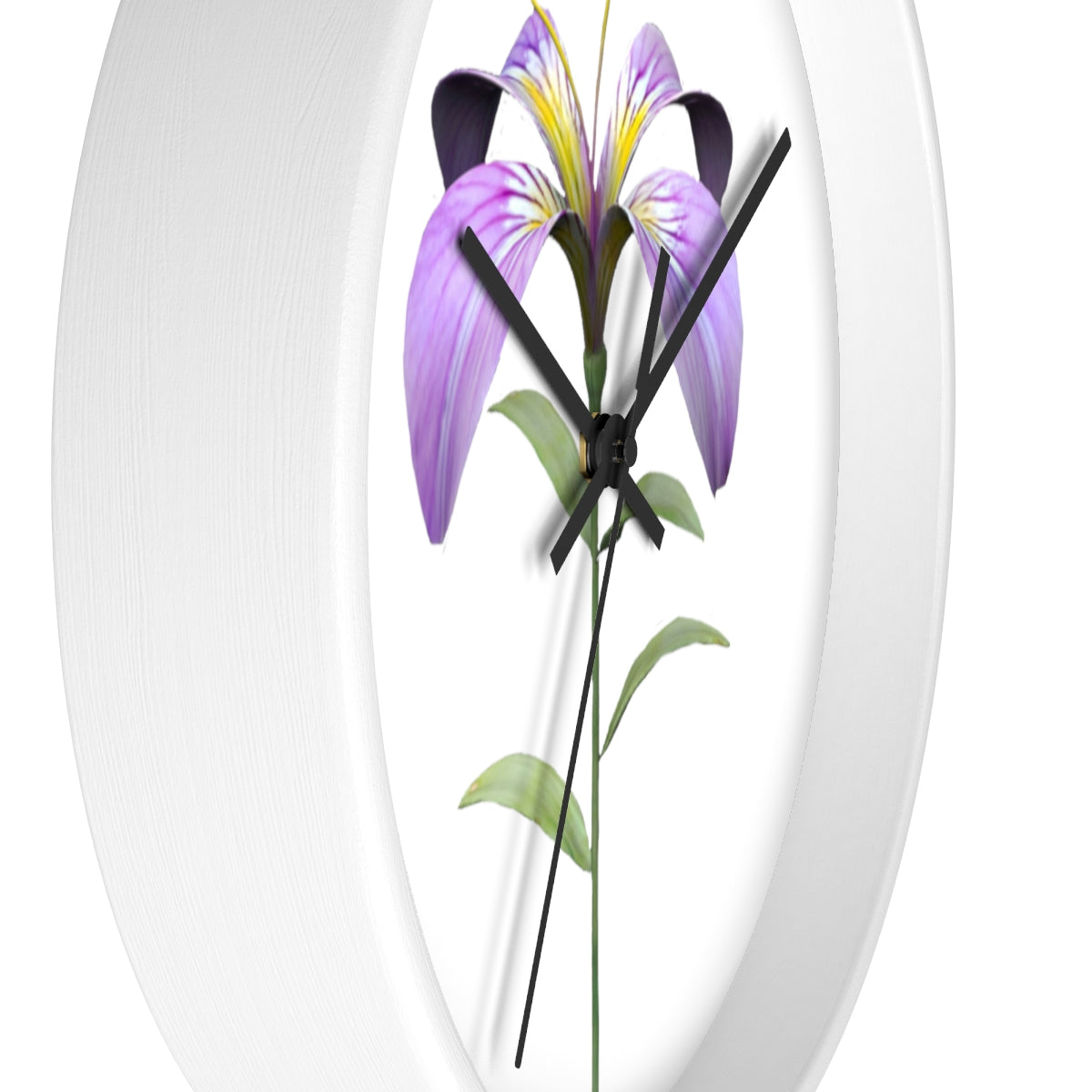 A vibrant purple flower wall clock with a wooden frame and plexiglass face, showcasing intricate floral design.