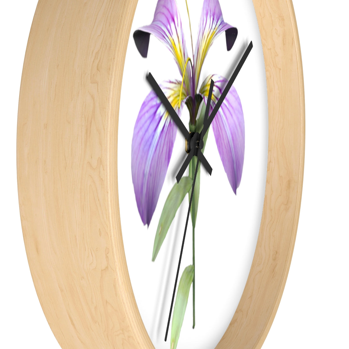 A stylish Purple Flower Wall Clock featuring a wooden frame and plexiglass face, showcasing a vibrant floral design.