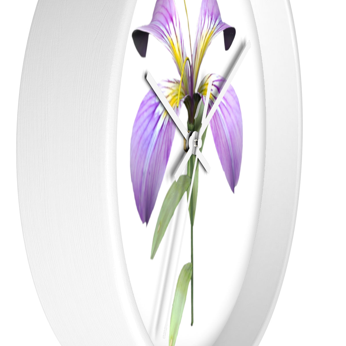 A stylish Purple Flower Wall Clock featuring a wooden frame and plexiglass face, showcasing a vibrant floral design.