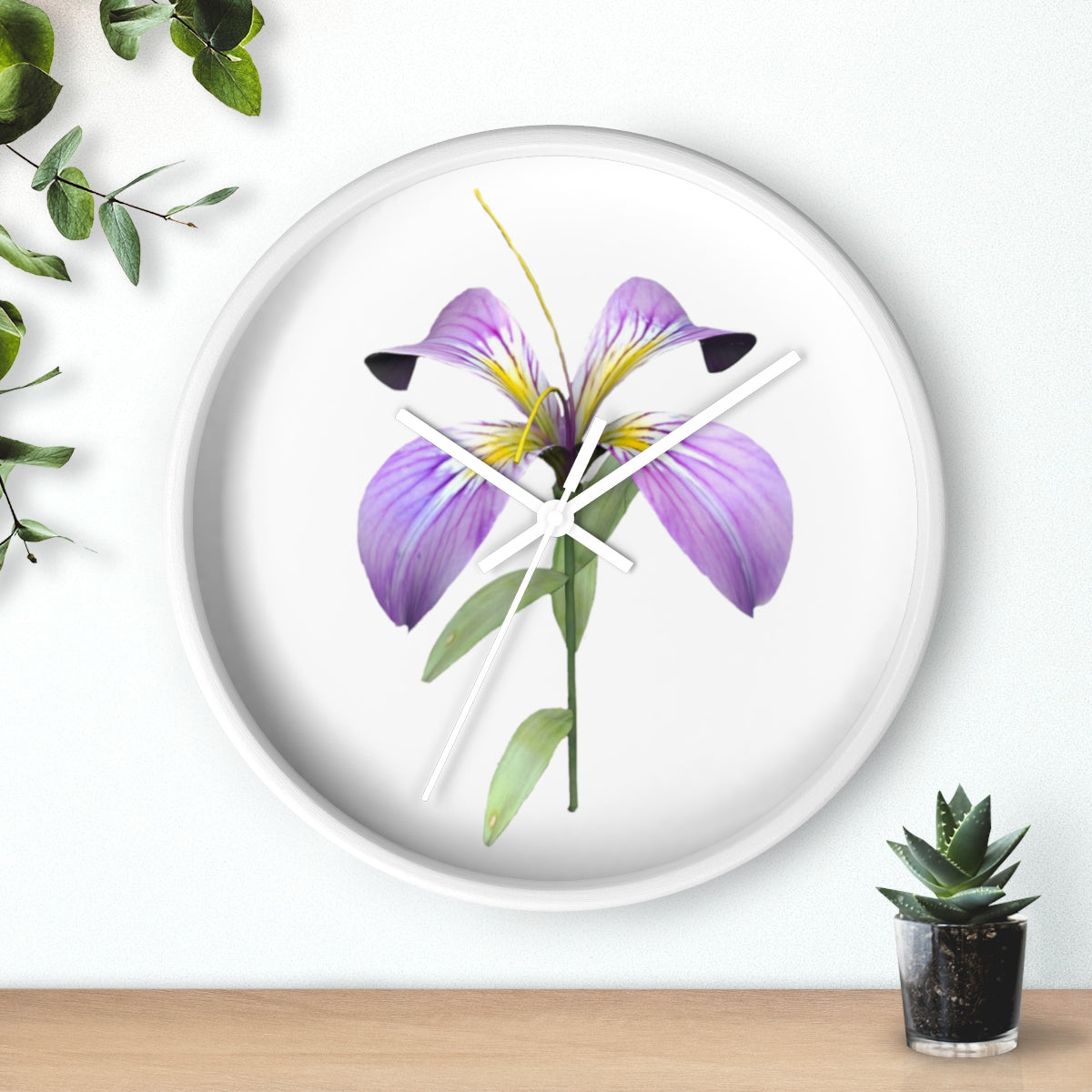 A stylish Purple Flower Wall Clock featuring a wooden frame and plexiglass face, showcasing a vibrant floral design.