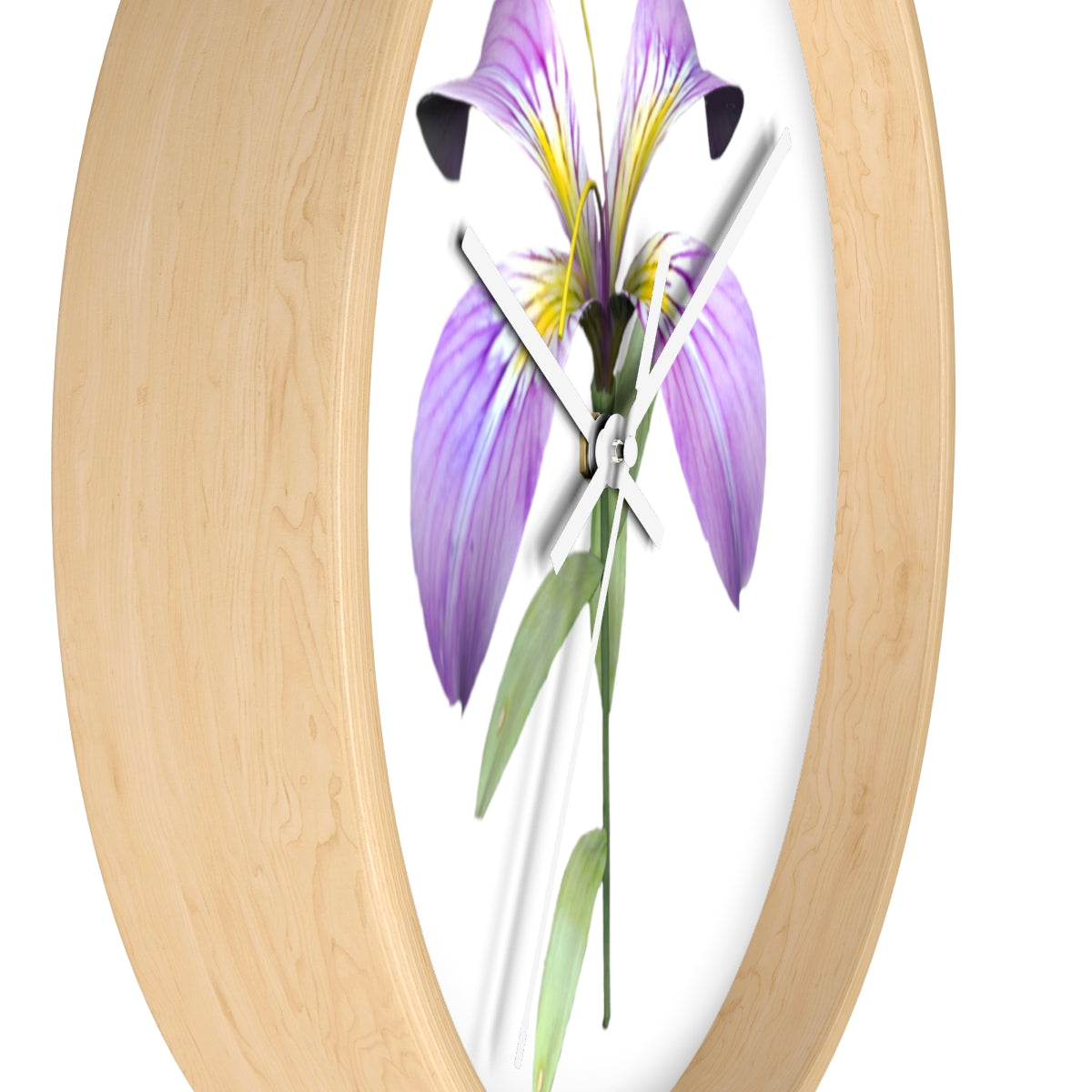 A stylish Purple Flower Wall Clock featuring a wooden frame and plexiglass face, showcasing a vibrant floral design.