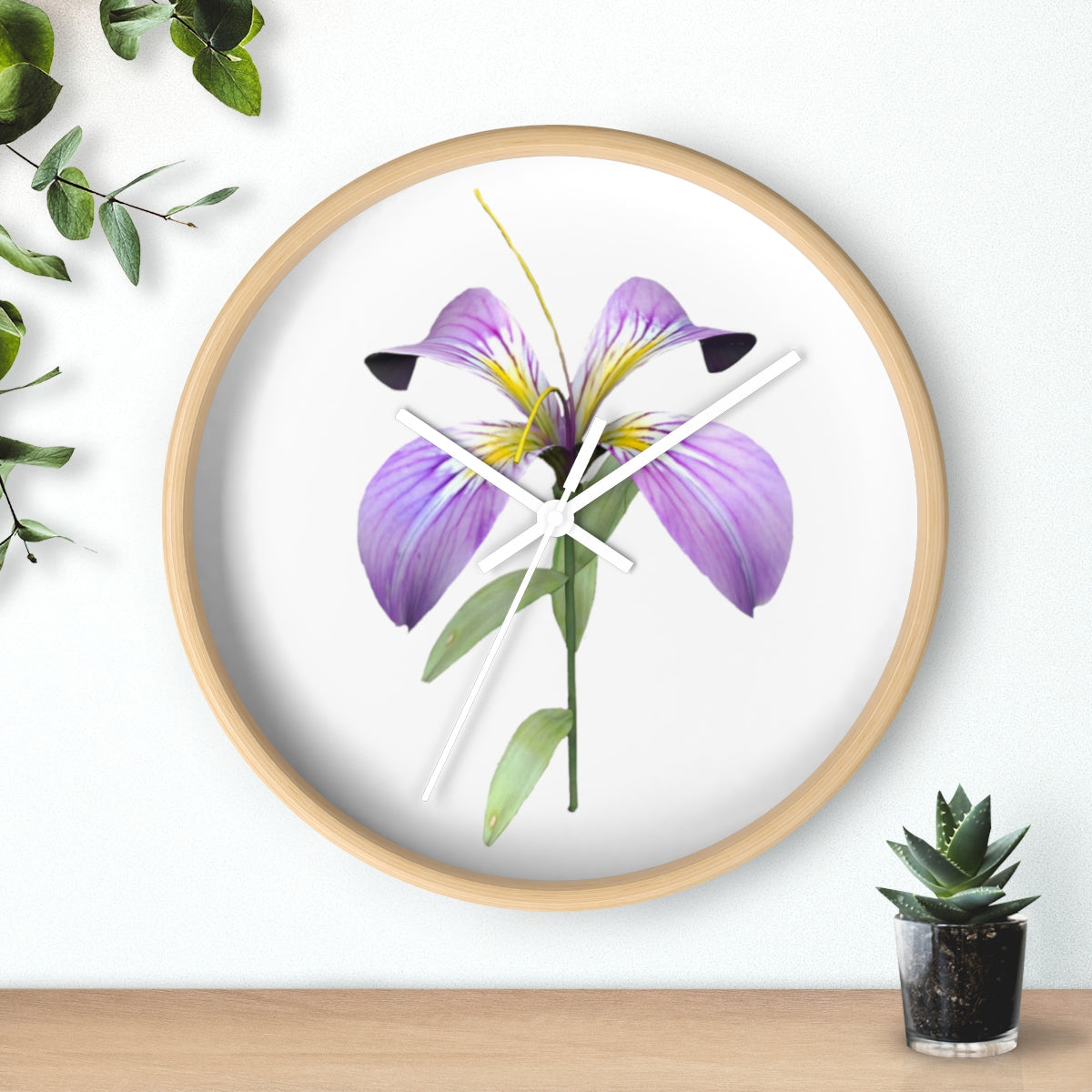 A stylish Purple Flower Wall Clock featuring a wooden frame and plexiglass face, showcasing a vibrant floral design.