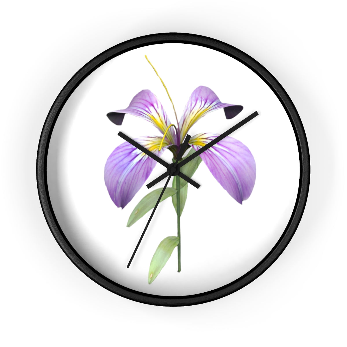 A stylish Purple Flower Wall Clock featuring a wooden frame and plexiglass face, showcasing a vibrant floral design.