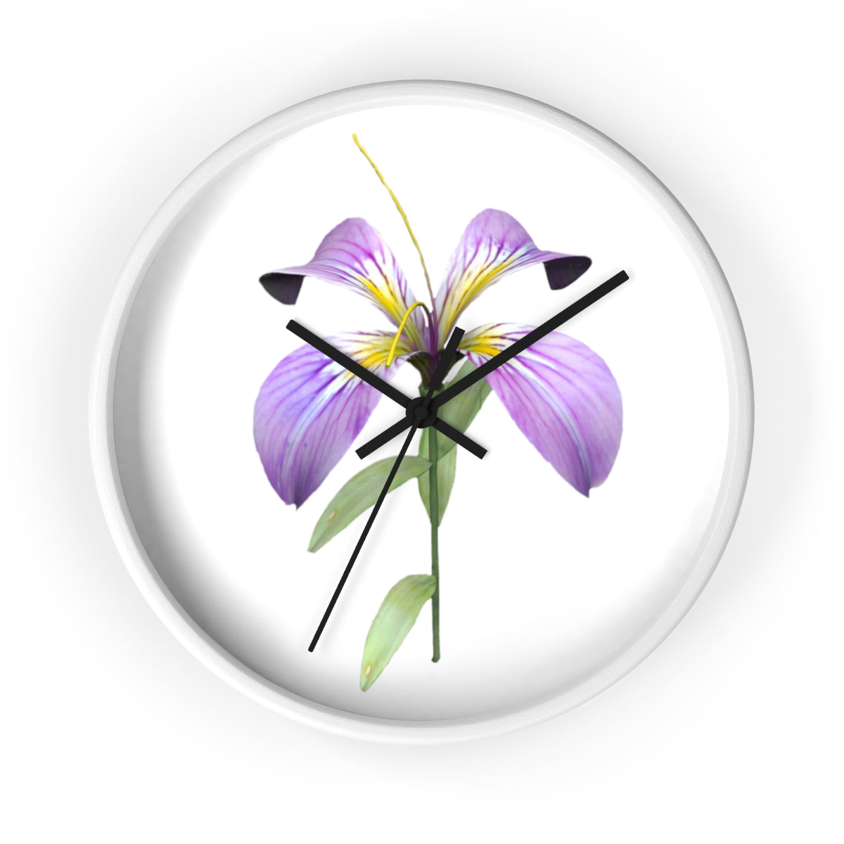 A stylish Purple Flower Wall Clock featuring a wooden frame and plexiglass face, showcasing a vibrant floral design.