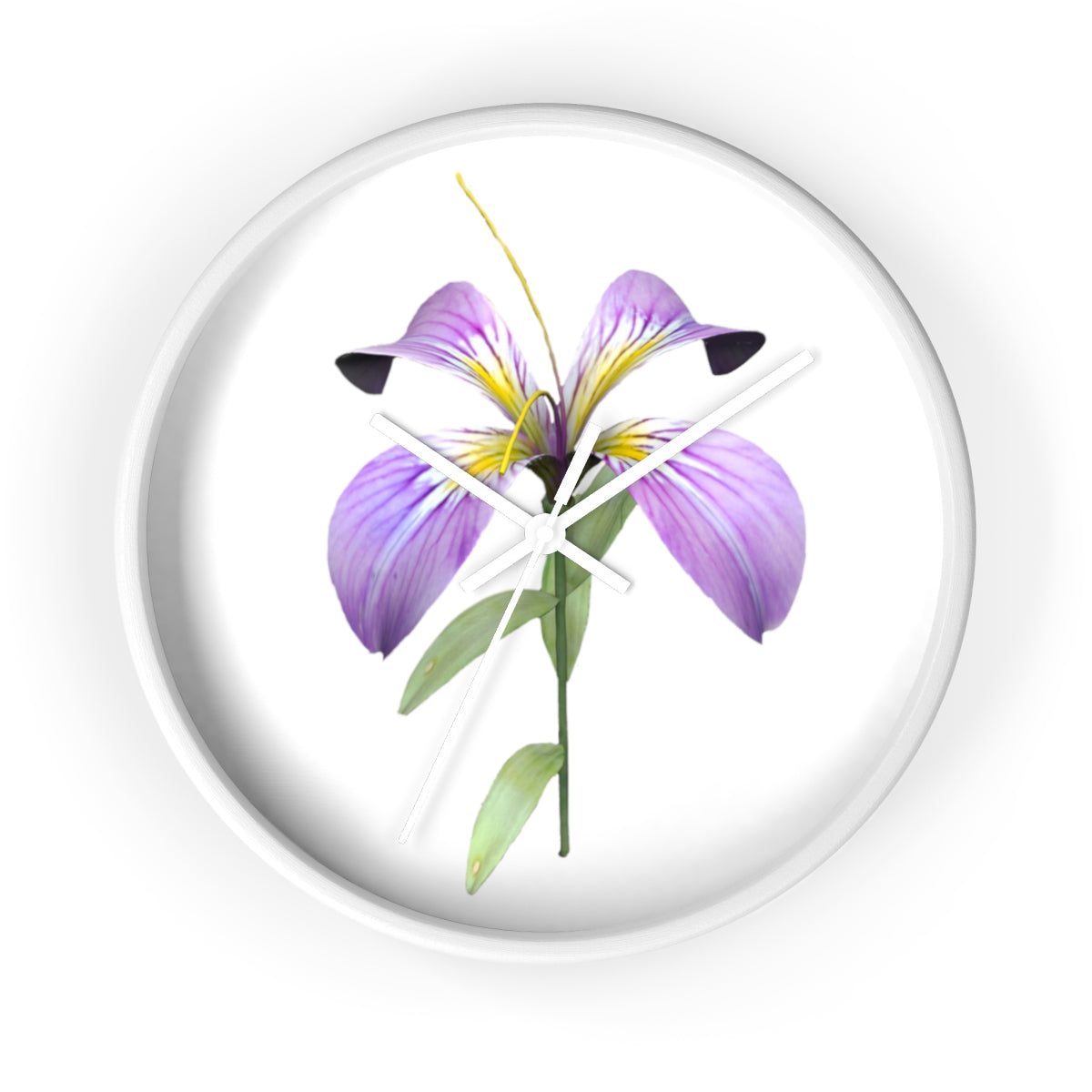 A stylish Purple Flower Wall Clock featuring a wooden frame and plexiglass face, showcasing a vibrant floral design.