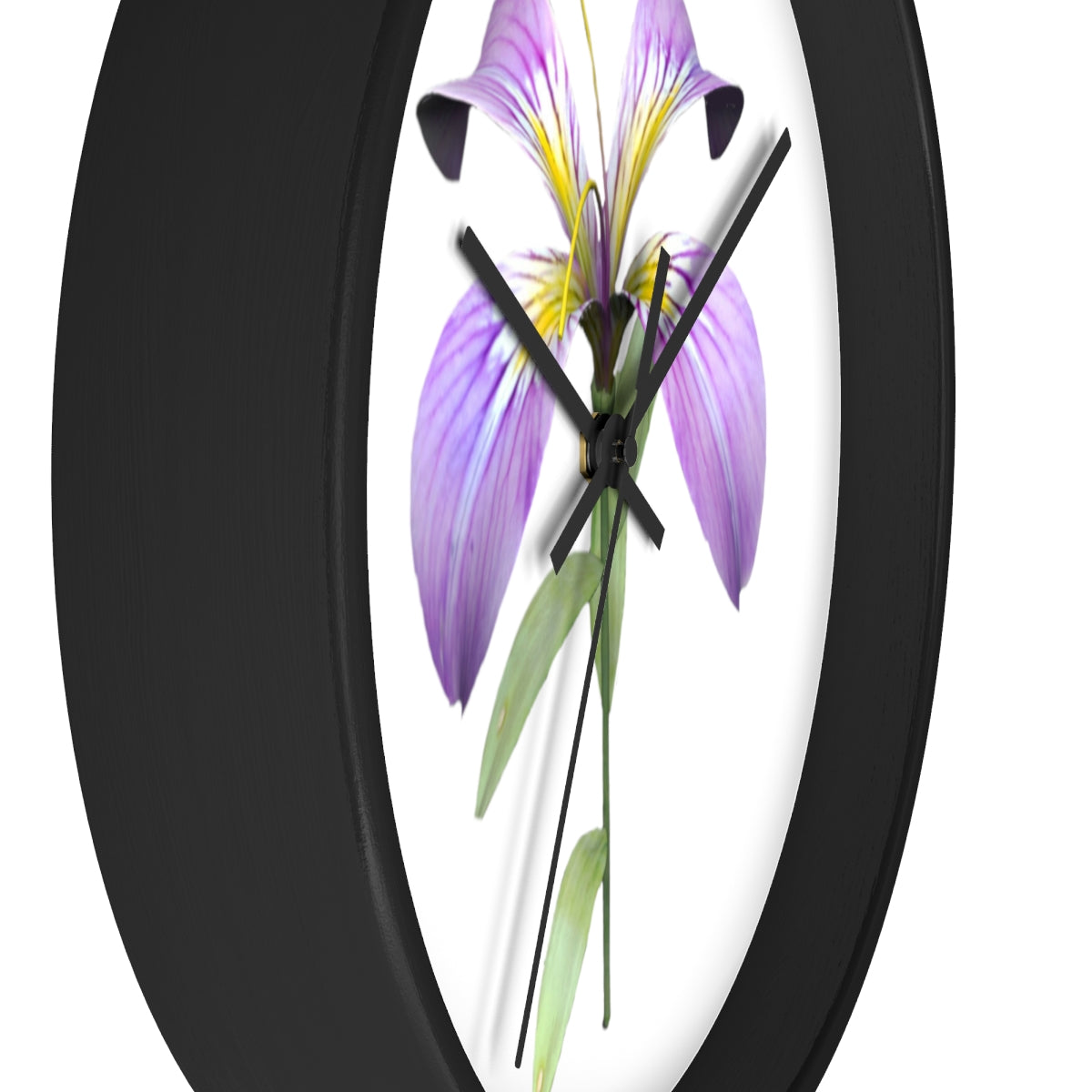 A stylish Purple Flower Wall Clock featuring a wooden frame and plexiglass face, showcasing a vibrant floral design.