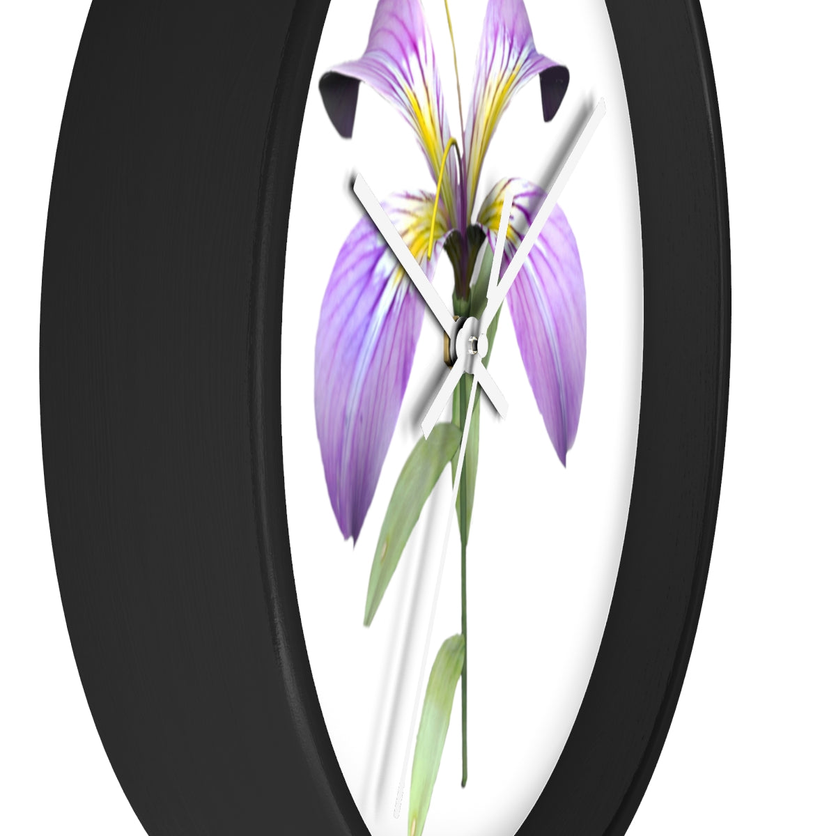 A stylish Purple Flower Wall Clock featuring a wooden frame and plexiglass face, showcasing a vibrant floral design.