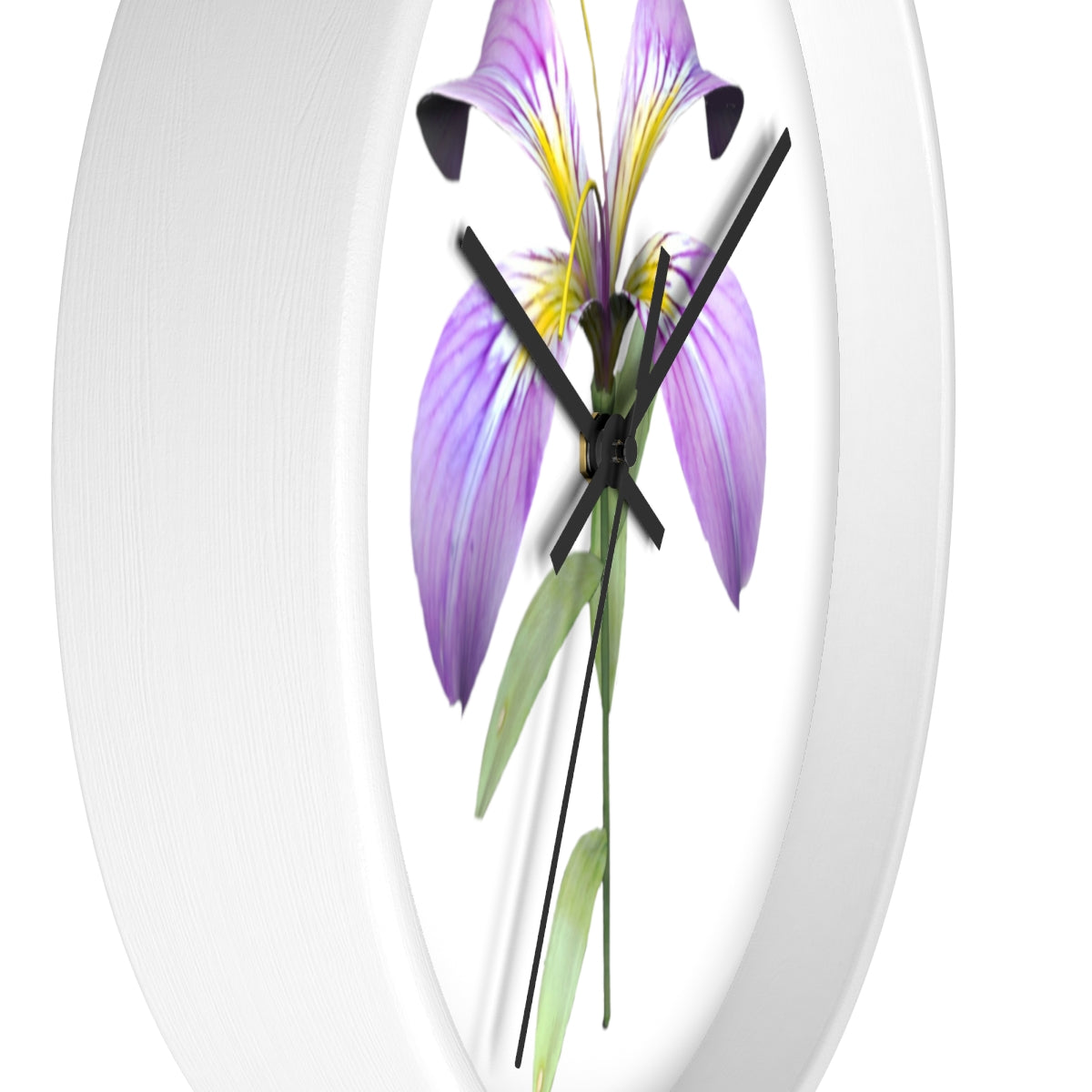 A stylish Purple Flower Wall Clock featuring a wooden frame and plexiglass face, showcasing a vibrant floral design.