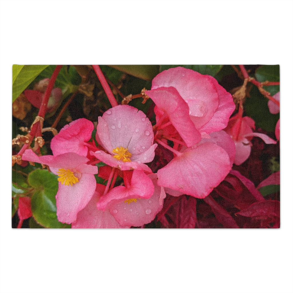 Purple Flowers Rally Towel featuring a soft polyester front and cotton loop backing, measuring 11x18 inches.