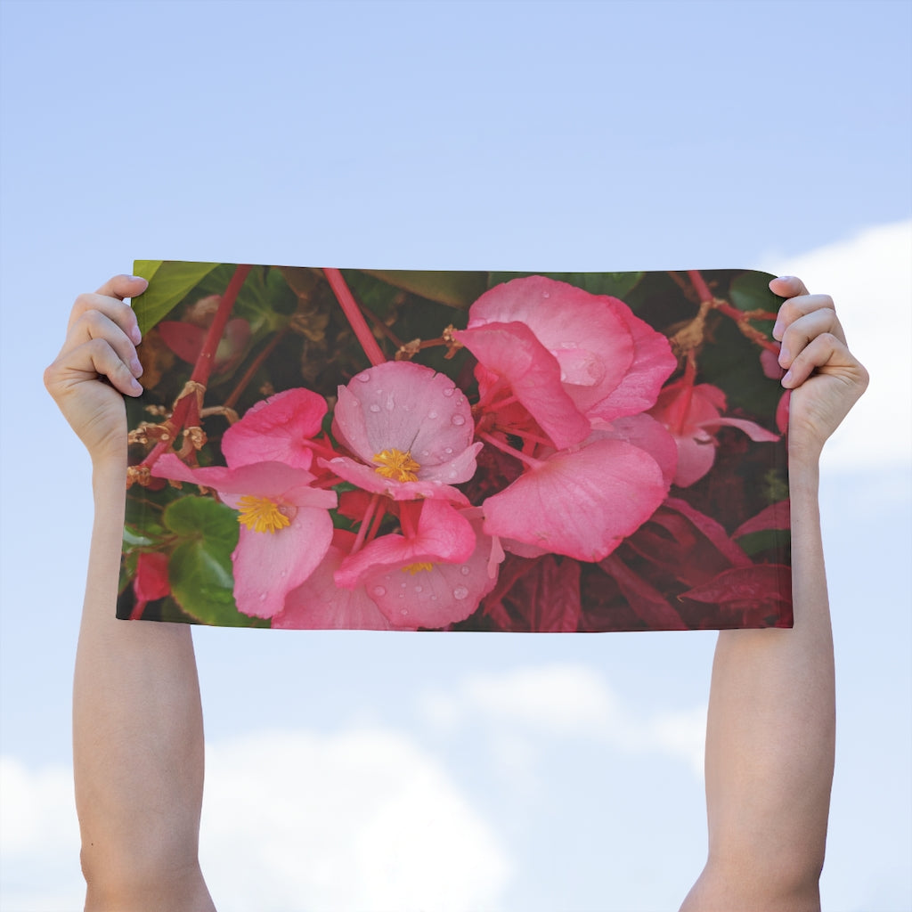 Purple Flowers Rally Towel featuring a soft polyester front and cotton loop backing, measuring 11x18 inches.