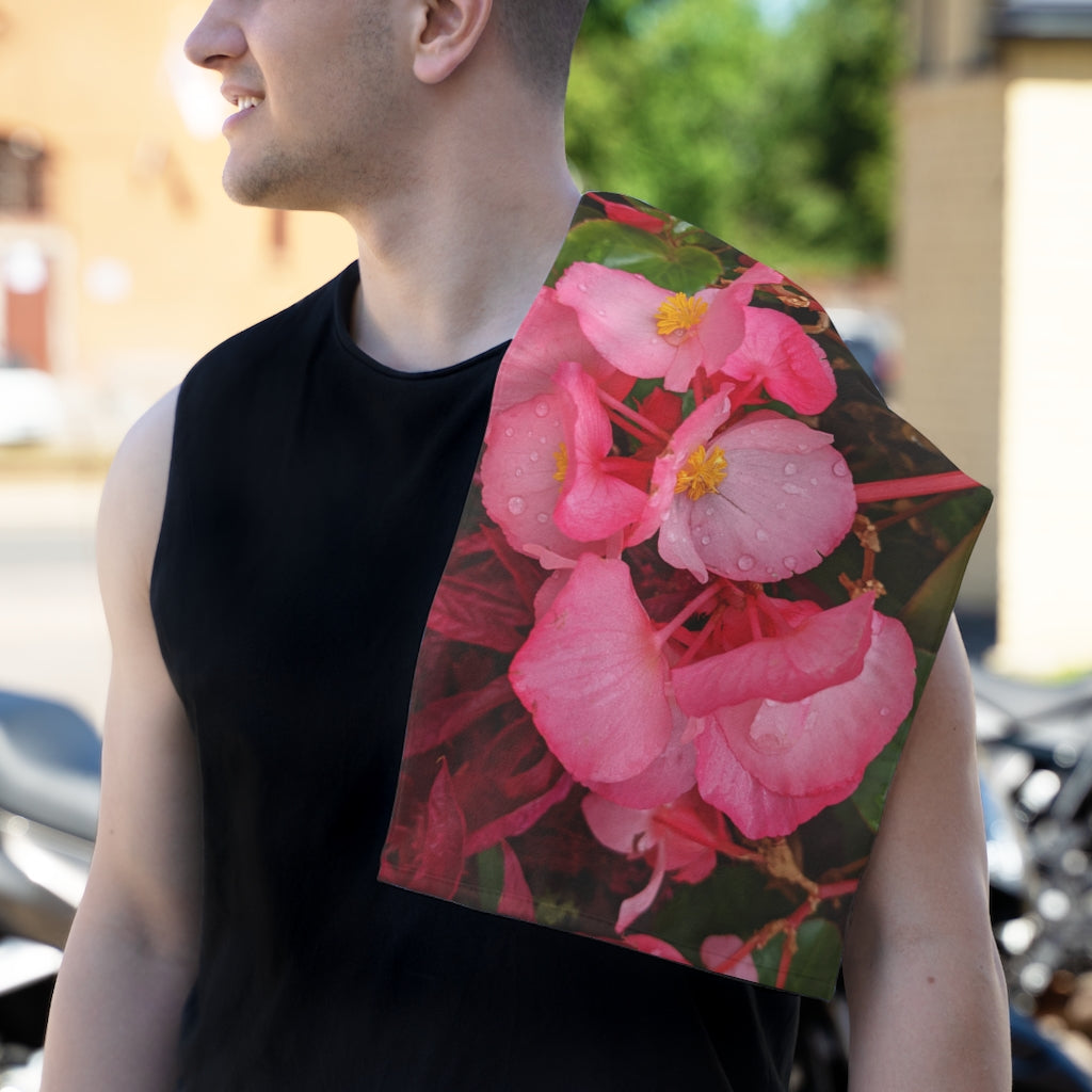 Purple Flowers Rally Towel featuring a soft polyester front and cotton loop backing, measuring 11x18 inches.