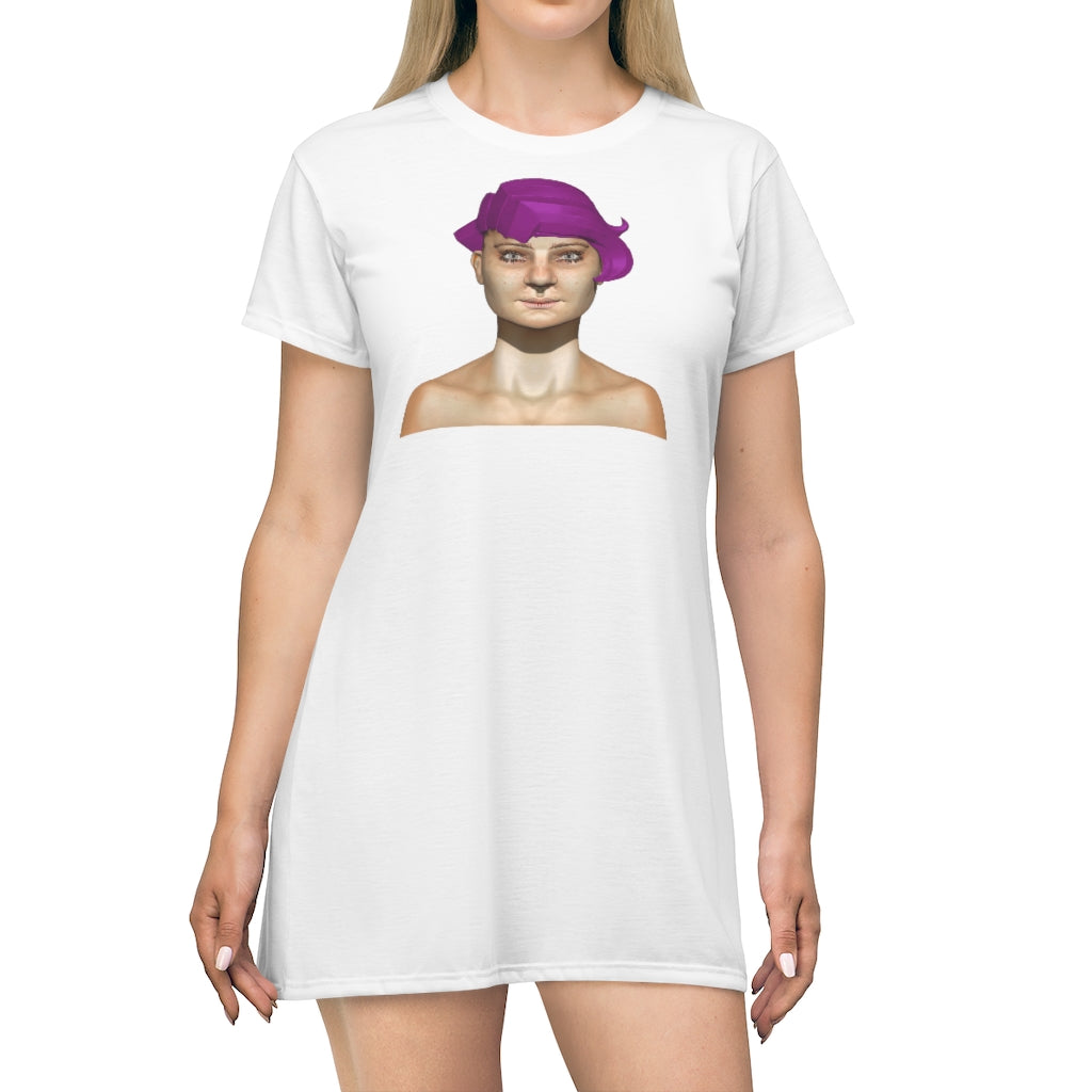 A vibrant Purple Hair Girl All Over Print T-Shirt Dress showcasing a unique design, perfect for casual wear.