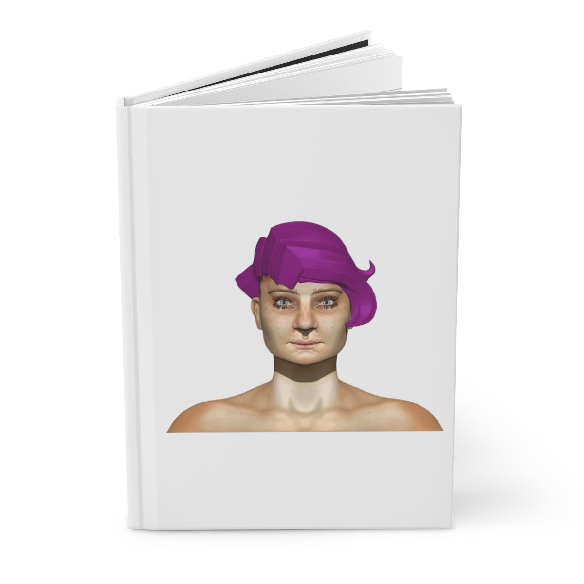 Purple Hair Girl Hardcover Journal with matte finish, featuring customizable covers and lined pages.