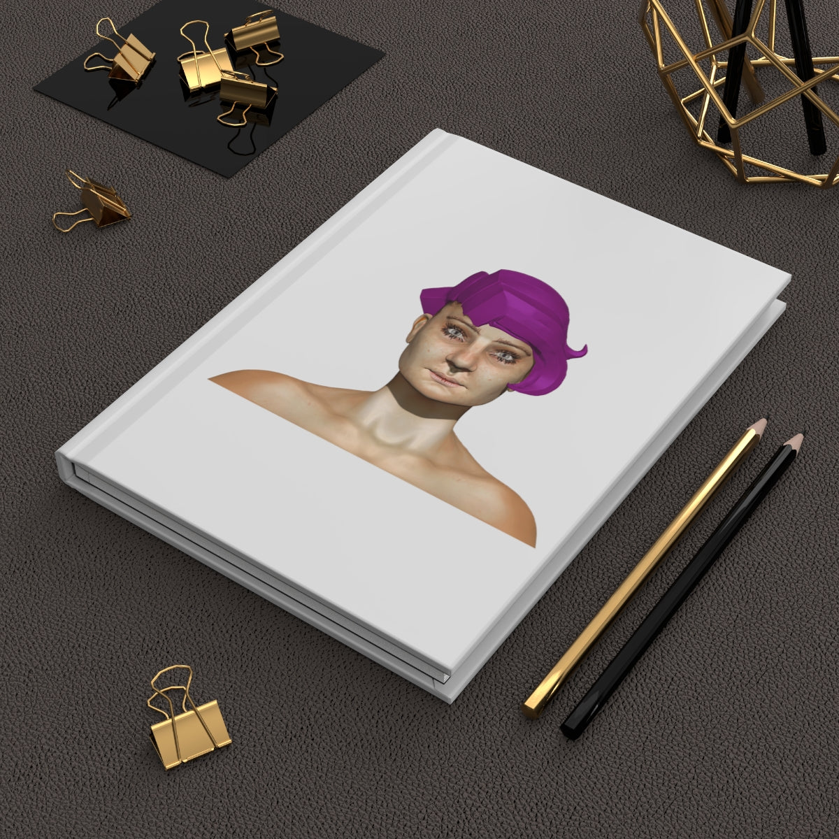 Purple Hair Girl Hardcover Journal with matte finish, featuring customizable covers and lined pages.