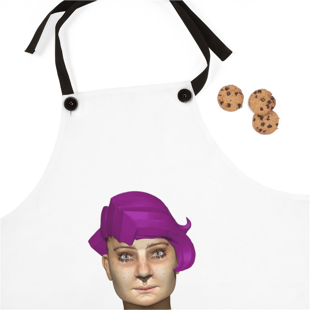 Purple Hair Girl Head Apron featuring a whimsical design, lightweight polyester fabric, and black detachable twill straps.