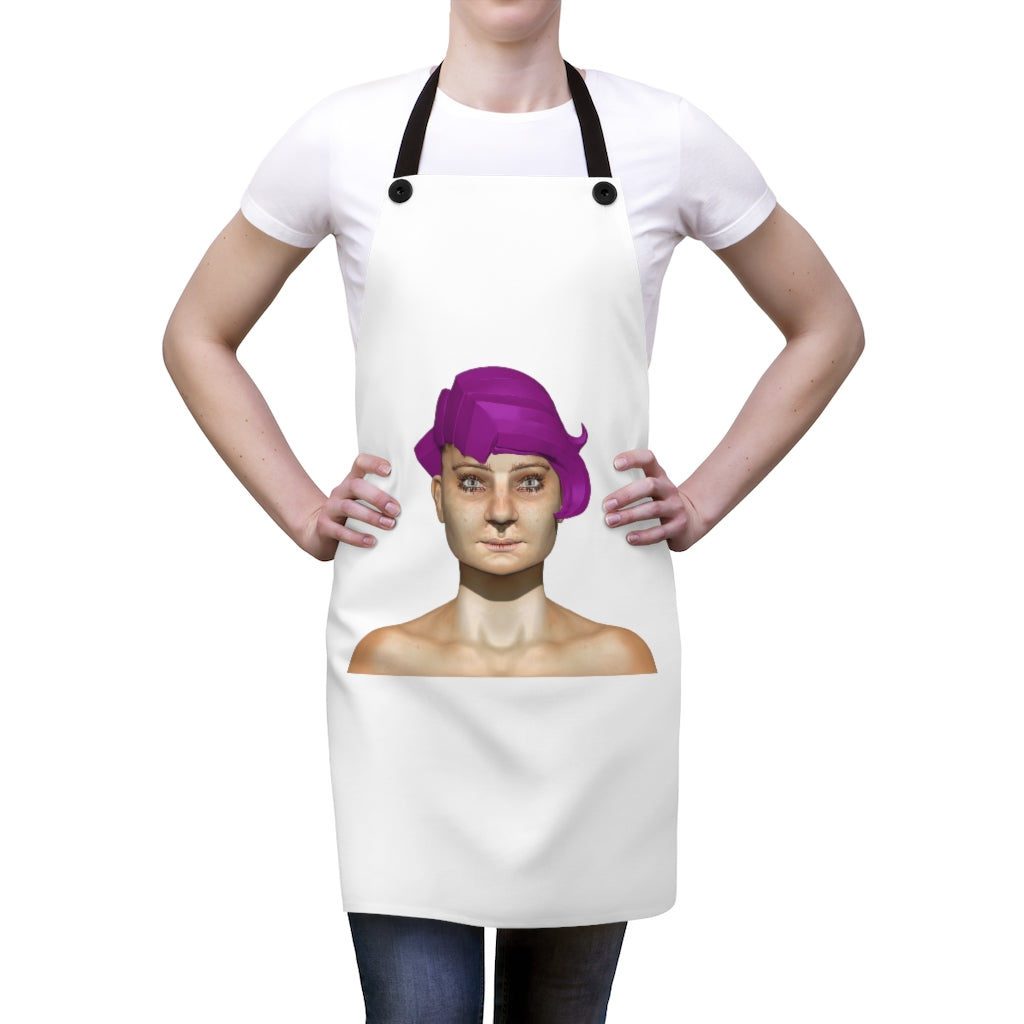 Purple Hair Girl Head Apron featuring a whimsical design, lightweight polyester fabric, and black detachable twill straps.