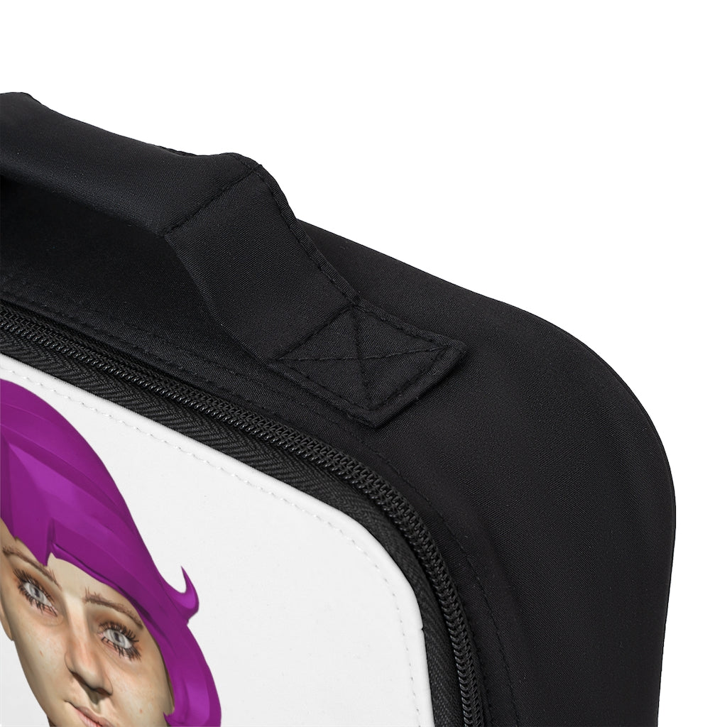 Purple Hair Girl Lunch Bag with zippered closure and carrying handle, made of durable fabric.