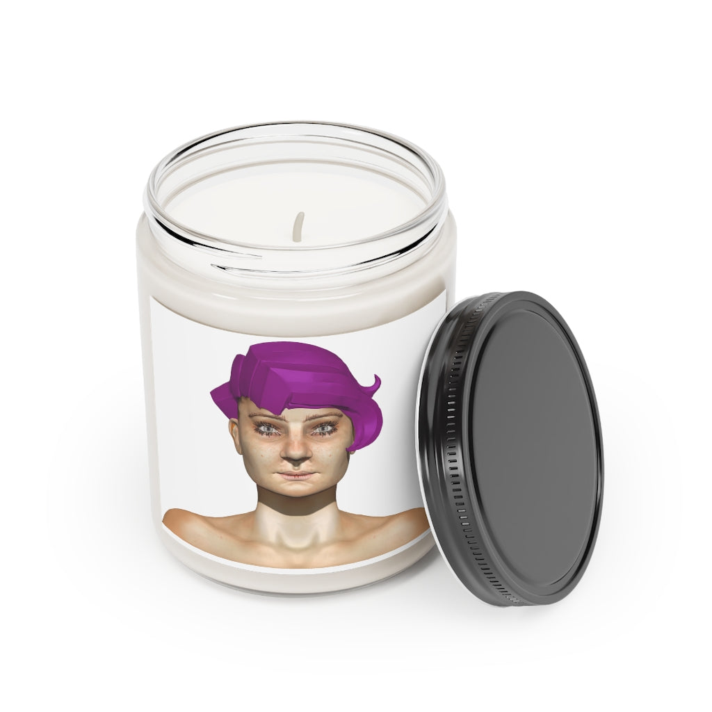 Purple Hair Girl Scented Candle in a glass container, featuring a permanent adhesive label, showcasing its vegan soy coconut wax.