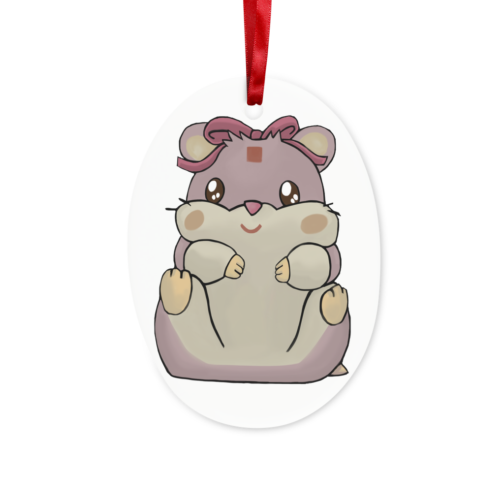 A charming purple hamster ceramic hanging ornament with a red ribbon and gold string, perfect for Christmas or personalized gifts.