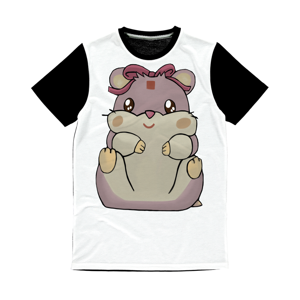 Purple Hamster Classic Sublimation Panel T-Shirt featuring a vibrant front design and plain black back, ideal for sublimation printing.