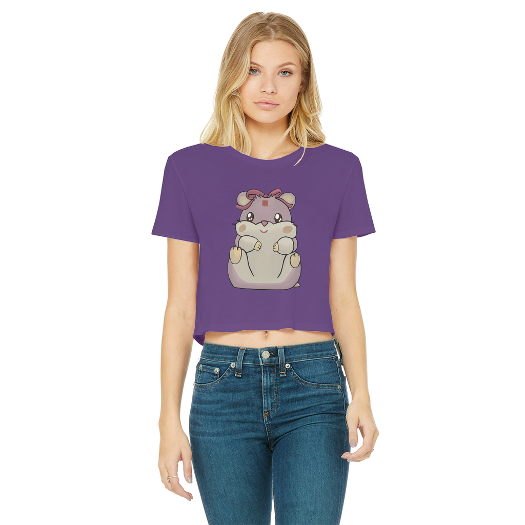 Purple Hamster Classic Women's Cropped Raw Edge T-Shirt featuring a round neck, short sleeves, and raw edge hem in a vibrant color.