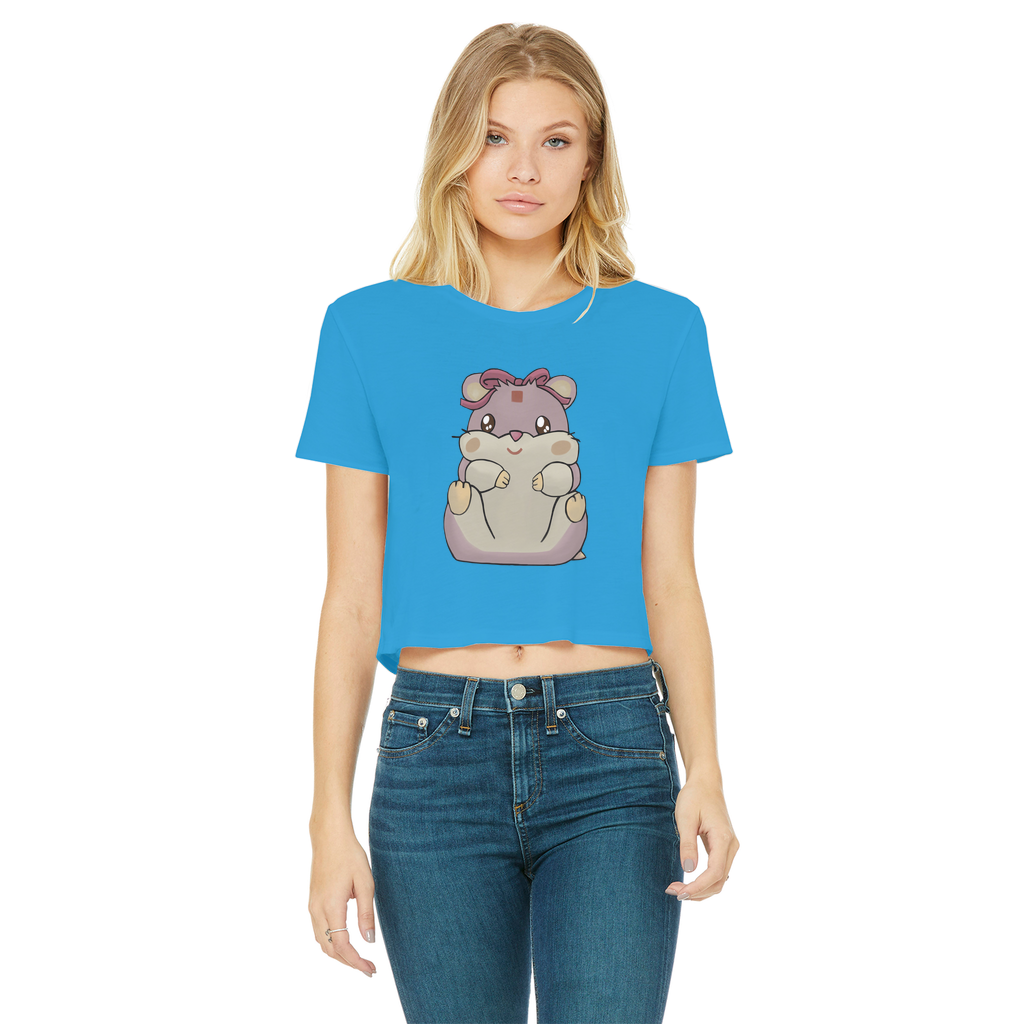 Purple Hamster Classic Women's Cropped Raw Edge T-Shirt featuring a round neck, short sleeves, and raw edge hem in a vibrant color.