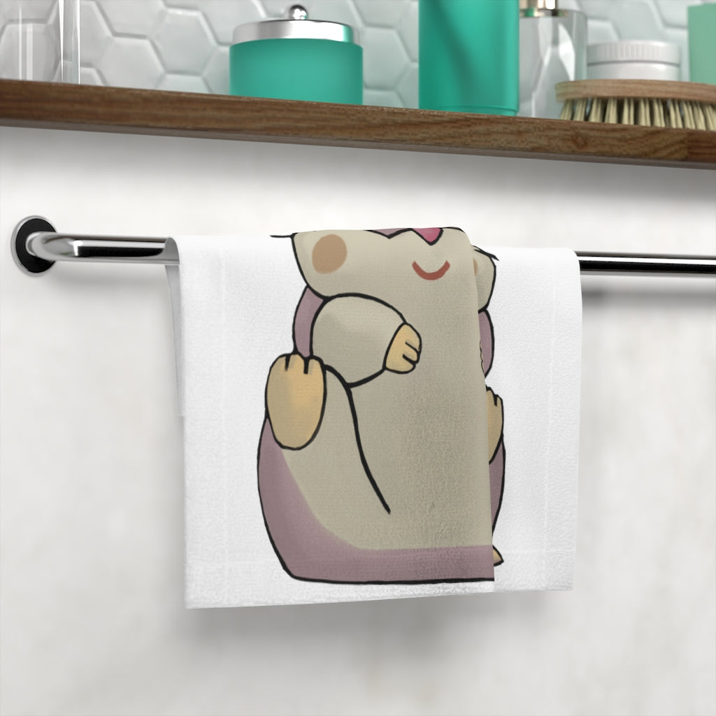 A vibrant purple face towel featuring a cute hamster design, made from a soft polyester blend on the front and absorbent cotton on the back.