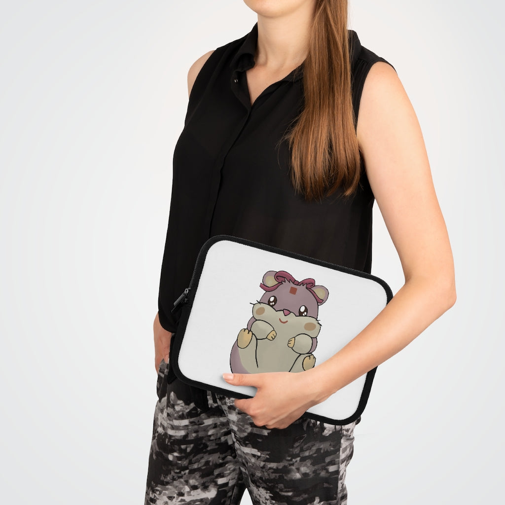 Purple Hamster Laptop Sleeve featuring a vibrant design with a black polyester back, showcasing its dual zipper enclosures.