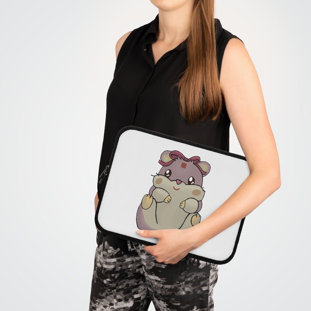 Purple Hamster Laptop Sleeve featuring a vibrant design with a black polyester back, showcasing its dual zipper enclosures.