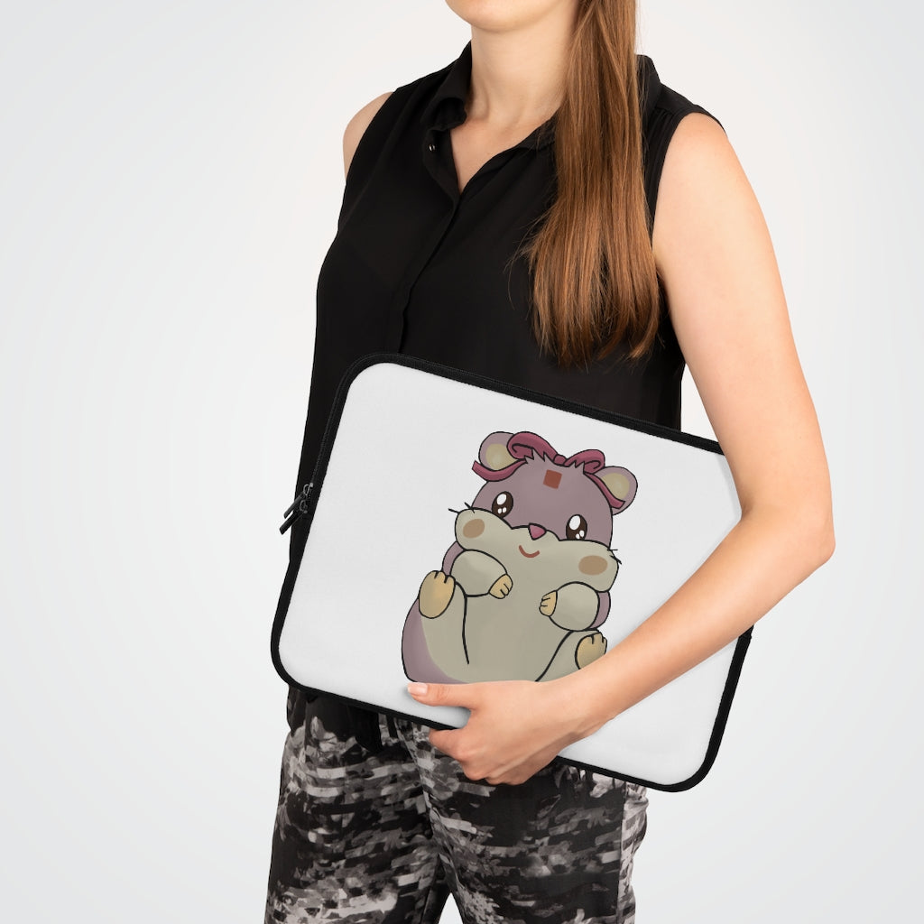 Purple Hamster Laptop Sleeve featuring a vibrant design with a black polyester back, showcasing its dual zipper enclosures.