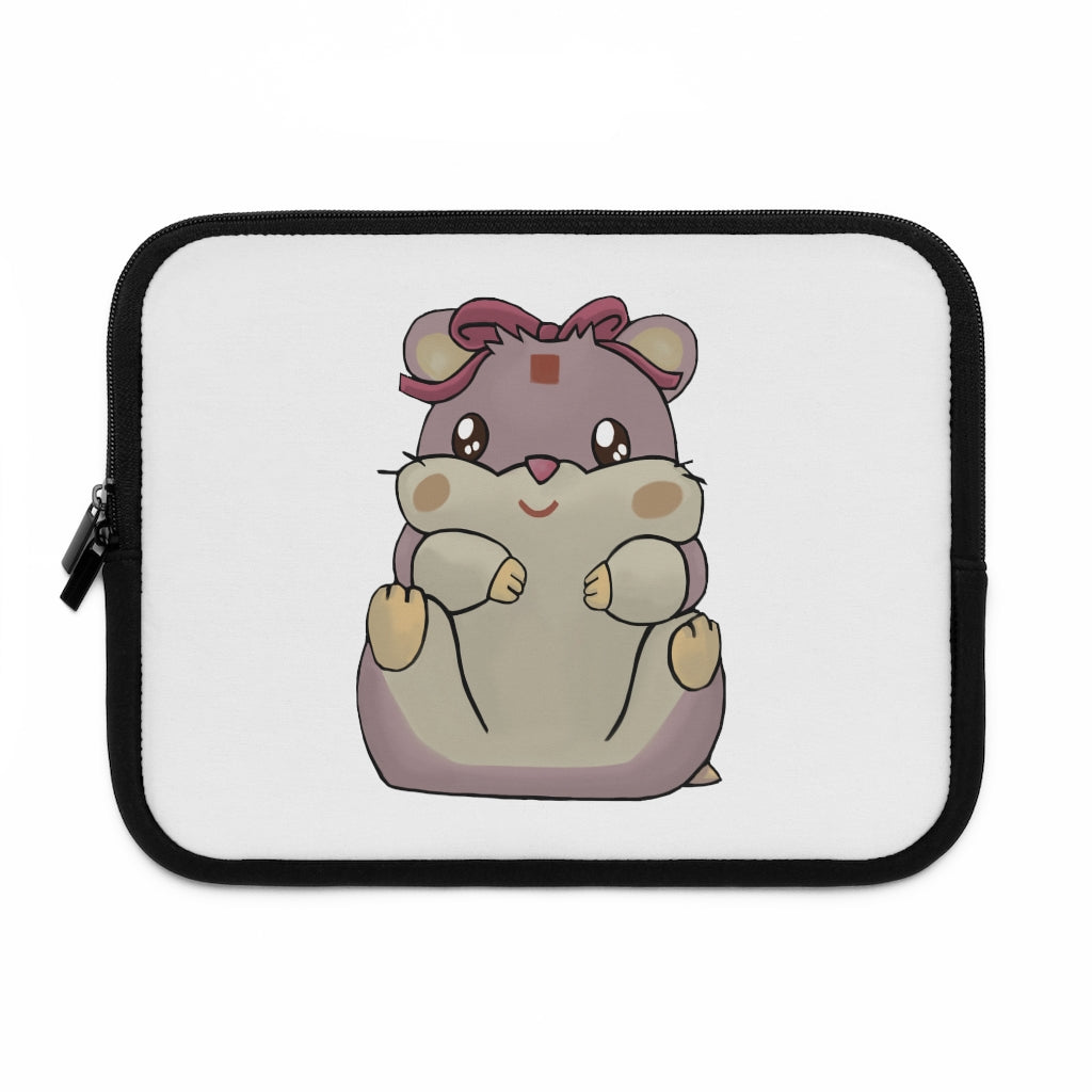 Purple Hamster Laptop Sleeve featuring a vibrant design with a black polyester back, showcasing its dual zipper enclosures.