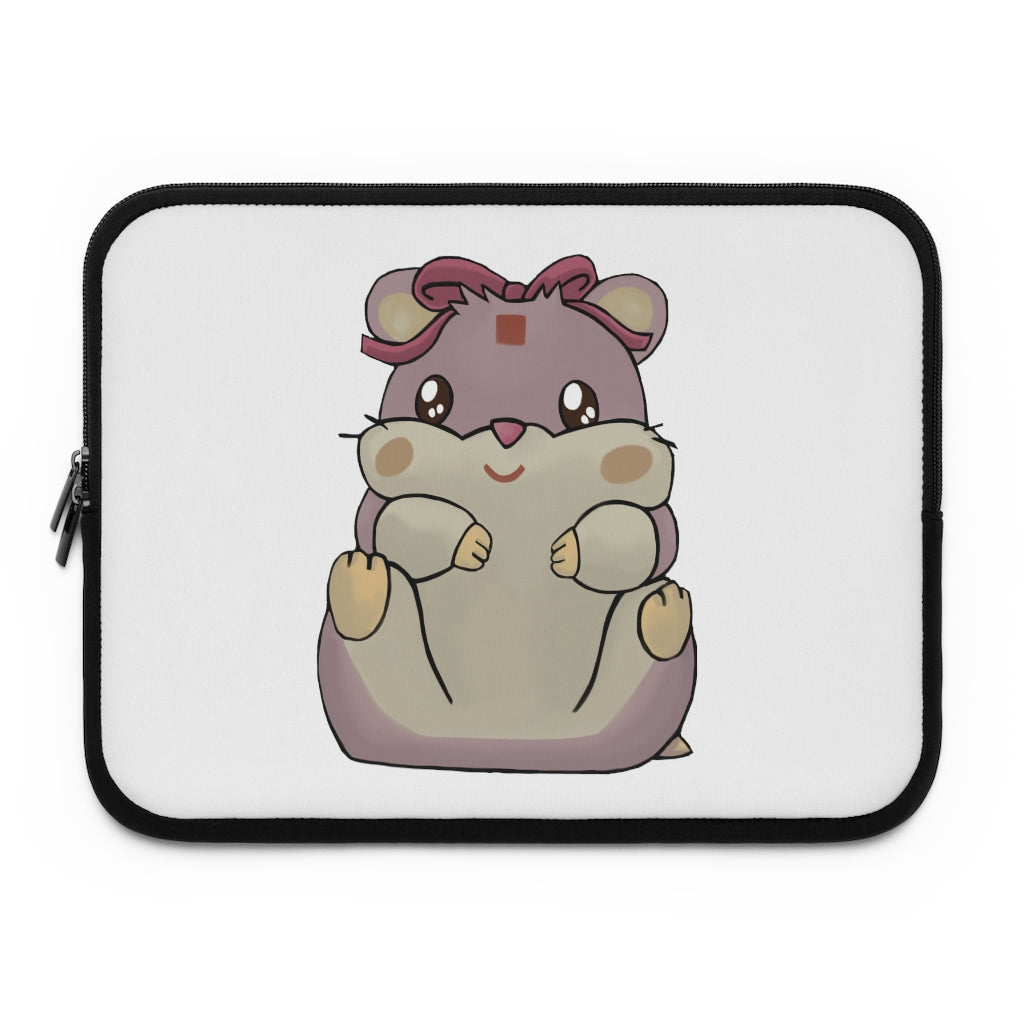 Purple Hamster Laptop Sleeve featuring a vibrant design with a black polyester back, showcasing its dual zipper enclosures.