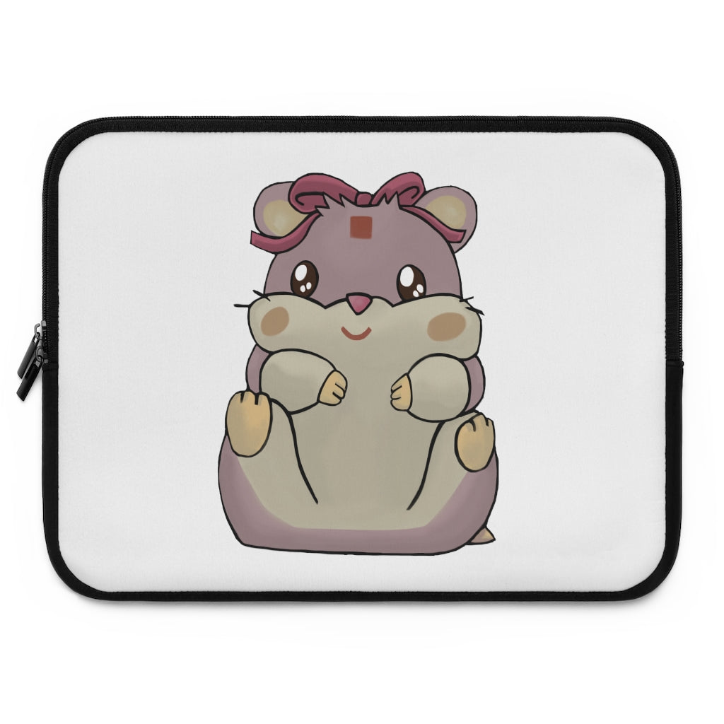 Purple Hamster Laptop Sleeve featuring a vibrant design with a black polyester back, showcasing its dual zipper enclosures.