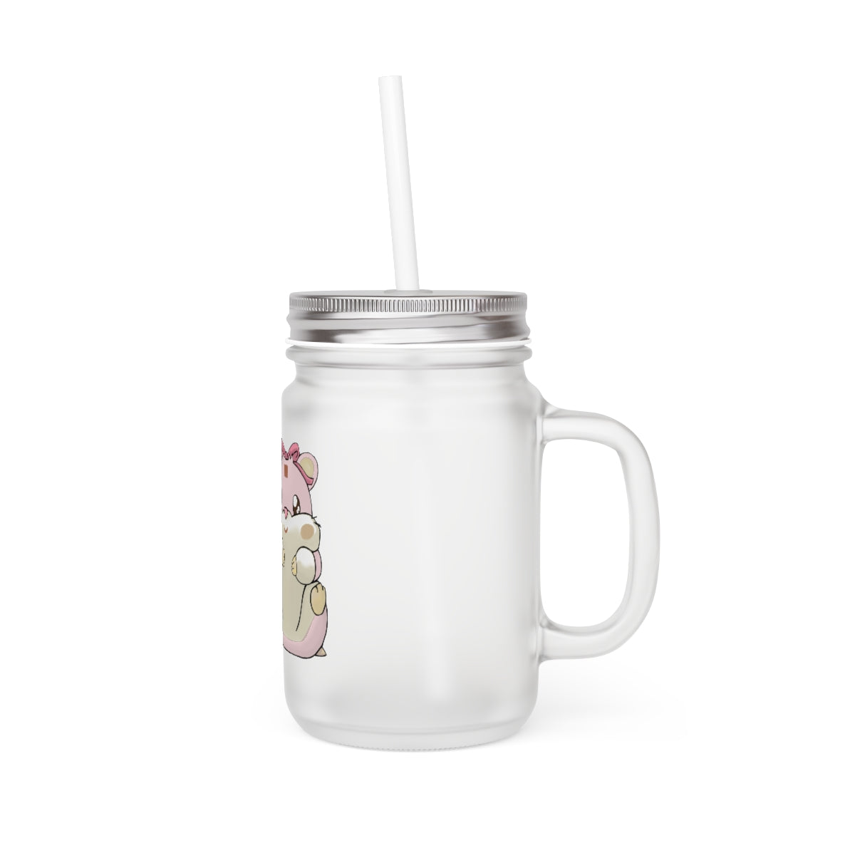 Purple Hamster Mason Jar with straw and lid, made of frosted glass, perfect for personalized drinks.