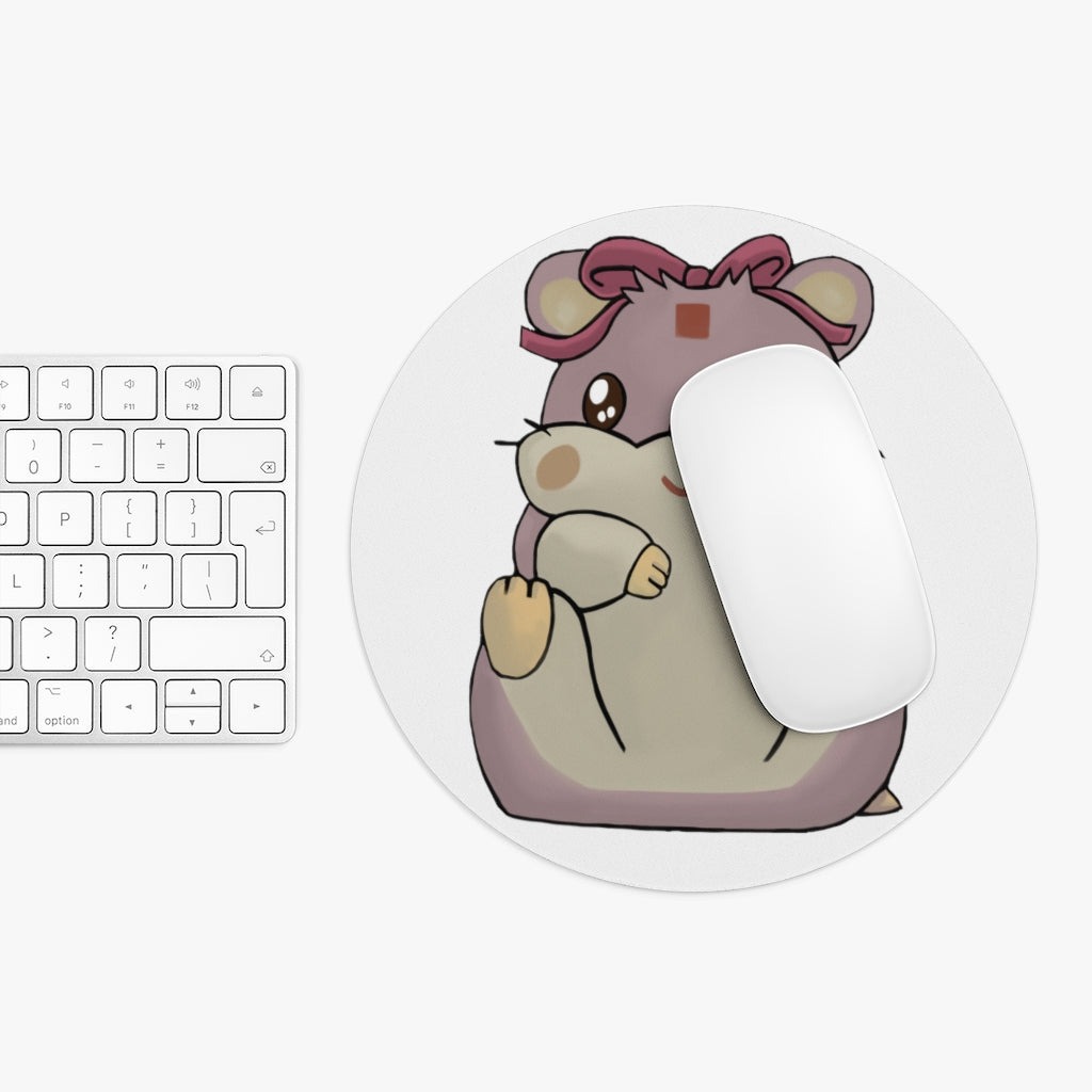 Purple Hamster Mouse Pad featuring a cute hamster design, available in round and rectangular shapes with a non-slip rubber bottom.