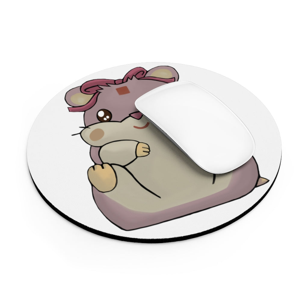 Purple Hamster Mouse Pad featuring a cute hamster design, available in round and rectangular shapes with a non-slip rubber bottom.