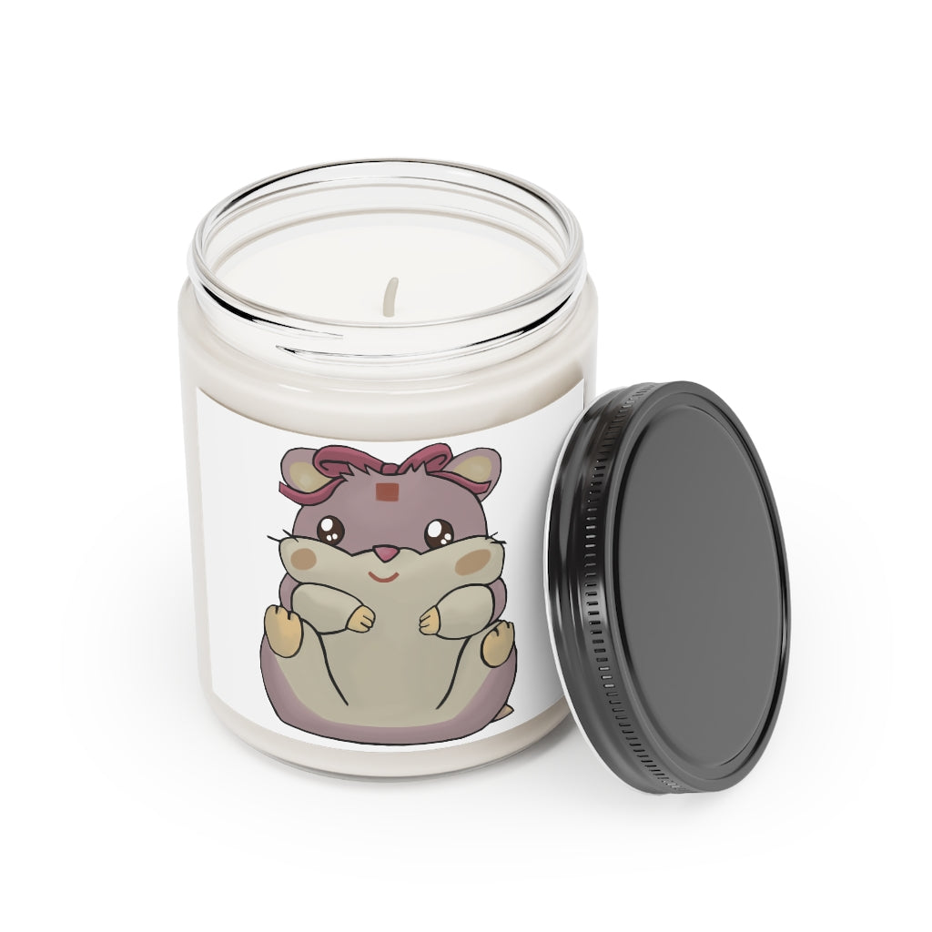 Purple Hamster Scented Candle in a glass container, featuring a permanent adhesive label, showcasing its soothing aroma and eco-friendly materials.